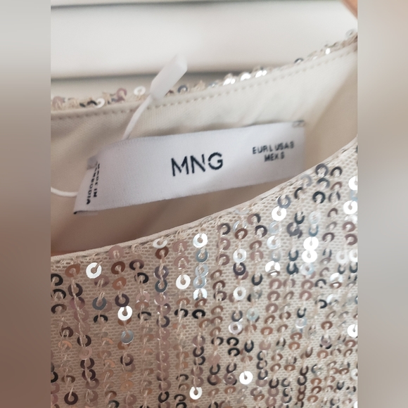 Mango Champagne Sequin Shoulder Pad Mini Dress Women Size 8 NWT Cocktail - Picture 7 of 7